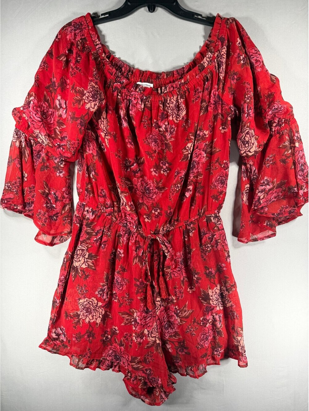 American Eagle Red Floral Off-Shoulder Romper Size Large